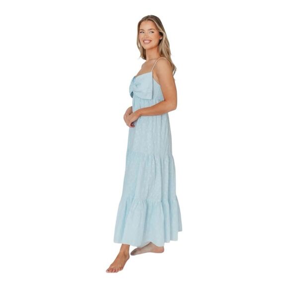 Storia Baby Blue Cotton Maxi Dress Bow Detail Tiered Skirt Size Large (10/12) - Picture 3 of 4